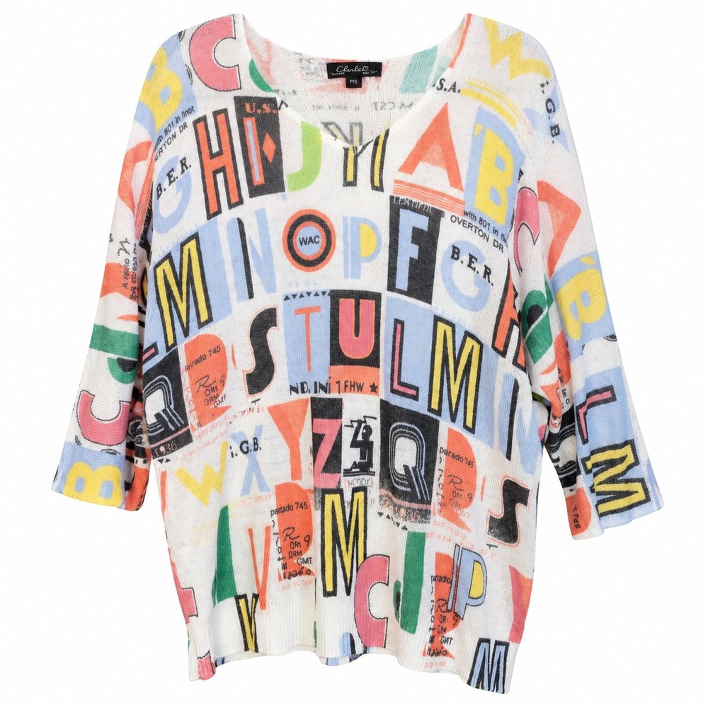 Charlie B Alphabet Print Sweater Womens P/S Multi V-Neck Dolman Knit Excellent